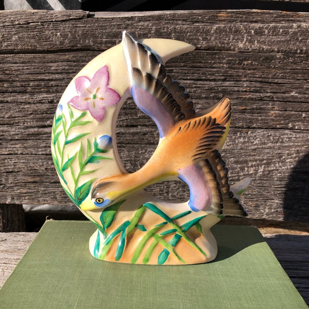 Vintage Wall Pocket Japan made PY crane duck ceramic flower vase Japanese bird💚